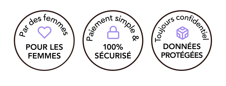 Trois badges avec du texte à l’intérieur. Badge un : Fait par des femmes pour des femmes. Badge deux : Nous garantissons un paiement sécurisé. Badge trois : Nous promettons la sécurité des données.